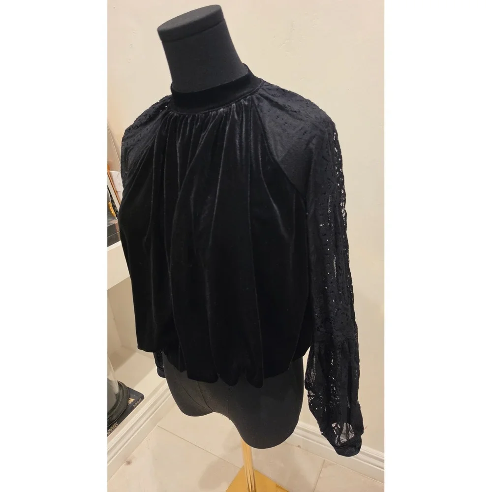 Free People Black Velvet Lace Sleeve Mock Neck Top XS Whimsigoth Gothic romance
